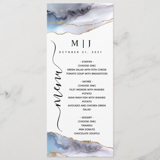 Gold Glitter & Navy Blue Agate Wedding Menu (Voorkant)