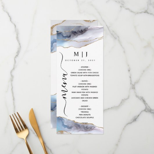 Gold Glitter & Navy Blue Agate Wedding Menu (Voorkant / Achterkant in situ)