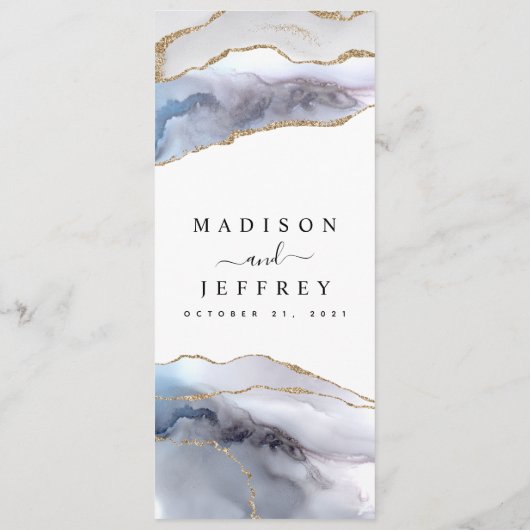 Gold Glitter & Navy Blue Agate Wedding Menu (Achterkant)
