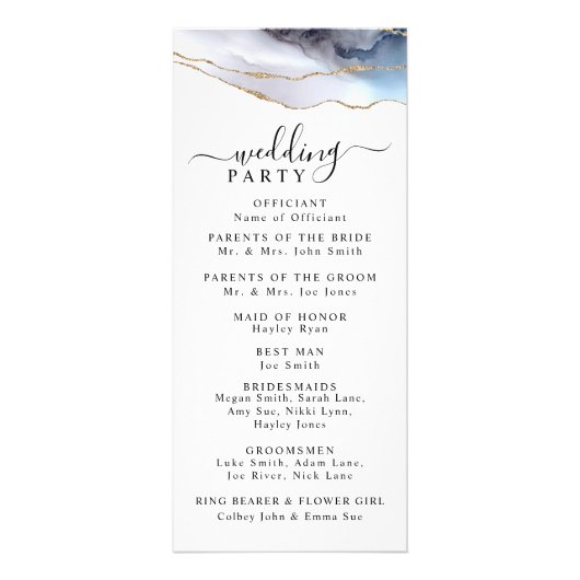 Gold Glitter & Navy Blue Agate Wedding Program Reclamekaart (Achterkant)