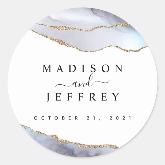 Gold Glitter & Navy Blue Agate Wedding Ronde Sticker (Voorkant)