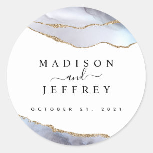 Gold Glitter & Navy Blue Agate Wedding Ronde Sticker