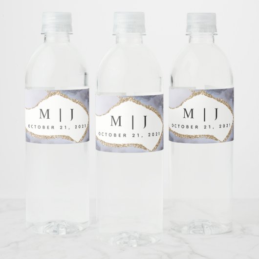 Gold Glitter & Navy Blue Agate Wedding Waterfles Etiket (Flessen)