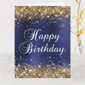 Gold Glitter Navy Blue Big Happy Birthday Kaart (Gele Bloem)