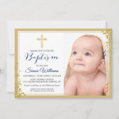 Gold Glitter Navy Blue Boy Baptism Foto Kaart (Voorkant)