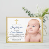 Gold Glitter Navy Blue Boy Baptism Foto Kaart (Staand voorkant)