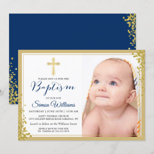 Gold Glitter Navy Blue Boy Baptism Foto Kaart