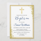 Gold Glitter Navy Blue Boy Baptism Kaart (Voorkant)