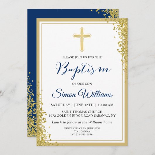 Gold Glitter Navy Blue Boy Baptism Kaart (Voorkant / Achterkant)