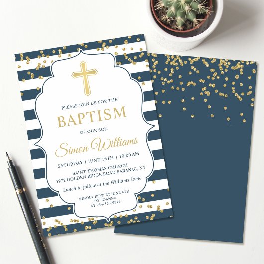 Gold Glitter Navy Blue Boy Baptism Kaart
