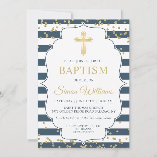 Gold Glitter Navy Blue Boy Baptism Kaart (Voorkant)