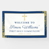 Gold Glitter Navy Blue First Heilige Commune Banne Spandoek (Horizontaal)