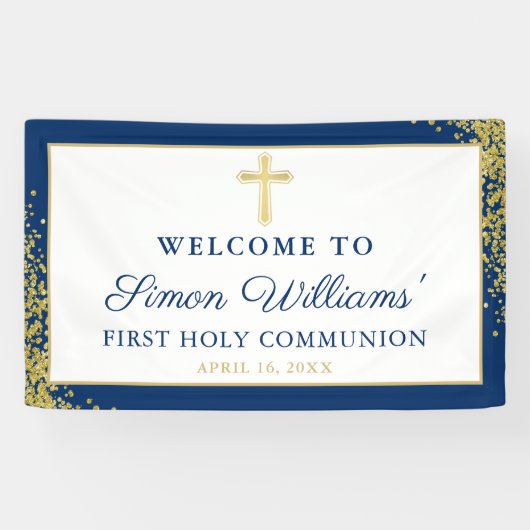 Gold Glitter Navy Blue First Heilige Commune Banne Spandoek (Horizontaal)