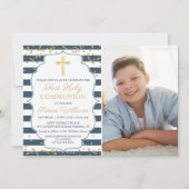 Gold Glitter Navy Blue First Heilige Communfoto Kaart (Voorkant)