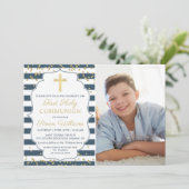 Gold Glitter Navy Blue First Heilige Communfoto Kaart (Staand voorkant)