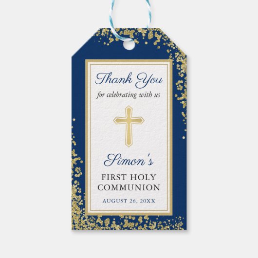 Gold Glitter Navy Blue First Heilige Communie Cadeaulabel (Voorkant)