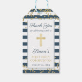 Gold Glitter Navy Blue First Heilige Communie Cadeaulabel (Voorkant)