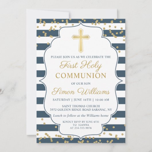 Gold Glitter Navy Blue First Heilige Communie Kaart (Voorkant)