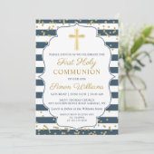 Gold Glitter Navy Blue First Heilige Communie Kaart (Staand voorkant)