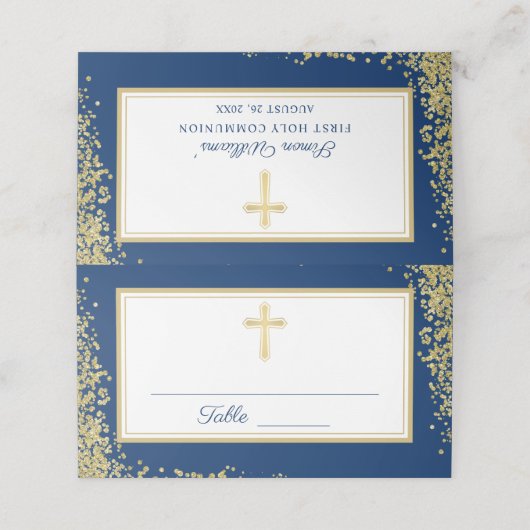 Gold Glitter Navy Blue First Heilige Communie Plaatskaartje (Buitenkant ongevouwen)