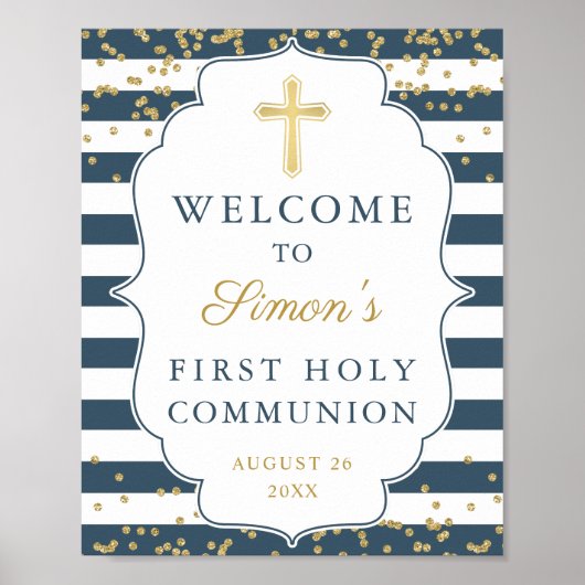 Gold Glitter Navy Blue First Heilige Communie Poster (Voorkant)
