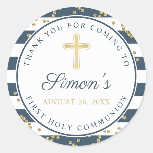 Gold Glitter Navy Blue First Heilige Communie Ronde Sticker (Voorkant)