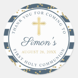 Gold Glitter Navy Blue First Heilige Communie Ronde Sticker