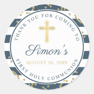 Gold Glitter Navy Blue First Heilige Communie Ronde Sticker