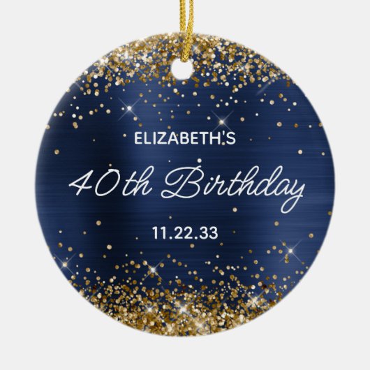 Gold Glitter Navy Blue Foil 40th Birthday Photo Keramisch Ornament (Voorkant)