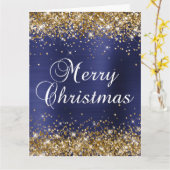 Gold Glitter Navy Blue Folie Big Merry kerst Kaart (Gele Bloem)