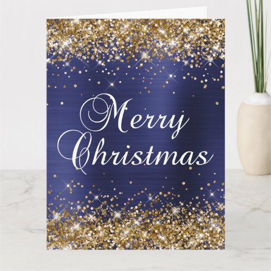 Gold Glitter Navy Blue Folie Big Merry kerst Kaart (Voorkant)