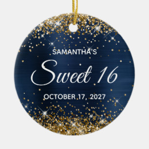 Gold Glitter Navy Blue Folie Sweet 16 Birthday Keramisch Ornament