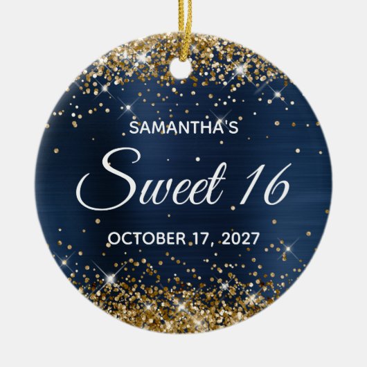 Gold Glitter Navy Blue Folie Sweet 16 Birthday Keramisch Ornament (Voorkant)