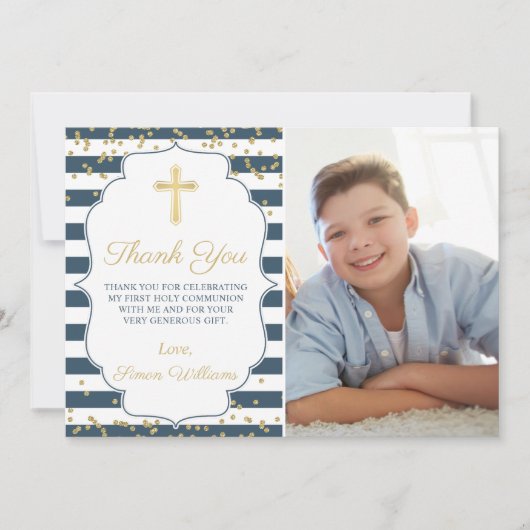 Gold Glitter Navy Blue Heilige Communie Dank u wel Kaart (Voorkant)
