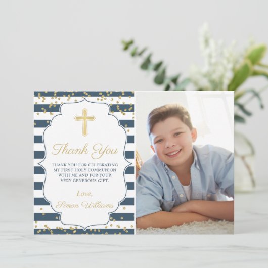 Gold Glitter Navy Blue Heilige Communie Dank u wel Kaart (Staand voorkant)