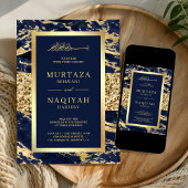 Gold Glitter Navy Blue Marble Muslim Wedding Kaart