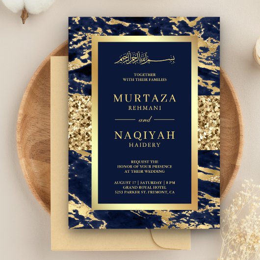 Gold Glitter Navy Blue Marble Muslim Wedding Kaart