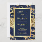 Gold Glitter Navy Blue Marble Muslim Wedding Kaart (Voorkant)