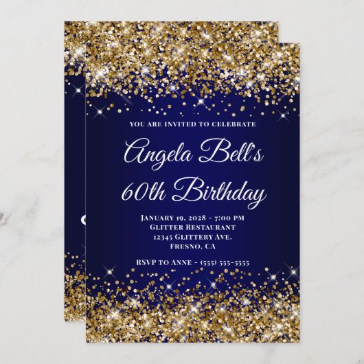 Gold Glitter Navy Blue Ombre 60th Birthday Kaart (Voorkant / Achterkant)