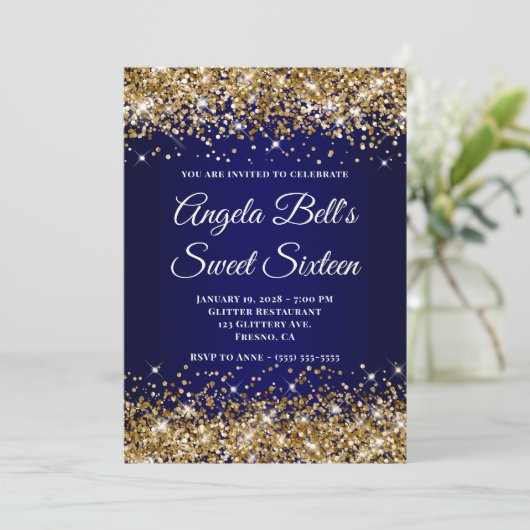 Gold Glitter Navy Blue Ombre Sweet Sixteen Kaart (Staand voorkant)
