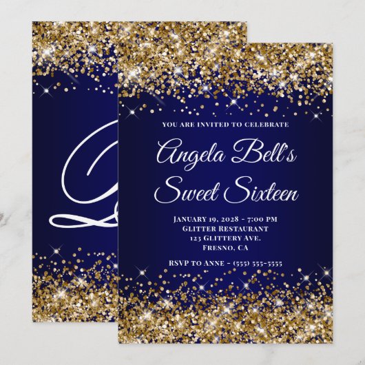 Gold Glitter Navy Blue Ombre Sweet Sixteen Kaart (Voorkant / Achterkant)