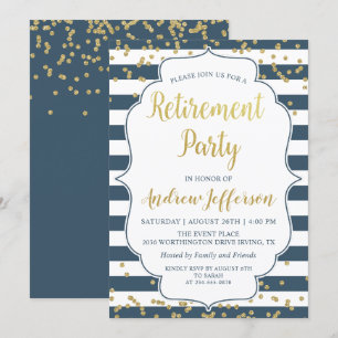 Gold Glitter Navy Blue Surprise Retirement Party Kaart