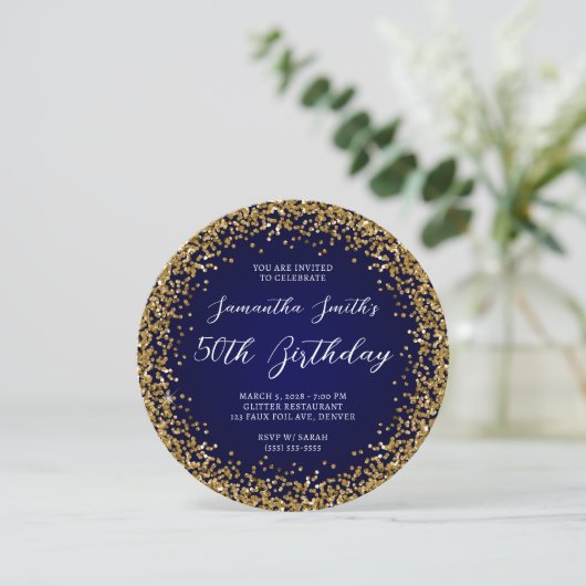 Gold Glitter Navy Ombre 50th Birthday Kaart (Staand voorkant)
