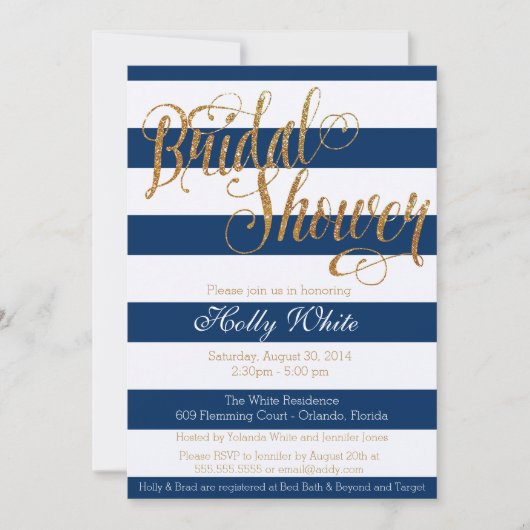 Gold Glitter Navy Stripe Bridal Shower Kaart (Voorkant)