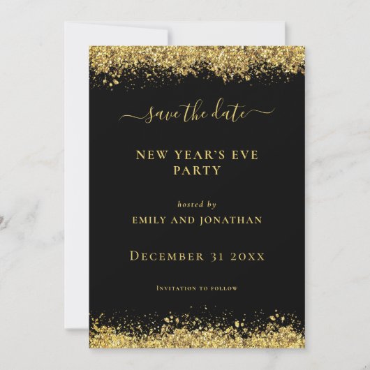 Gold Glitter New Year Party Black Save Date card Kaart (Voorkant)