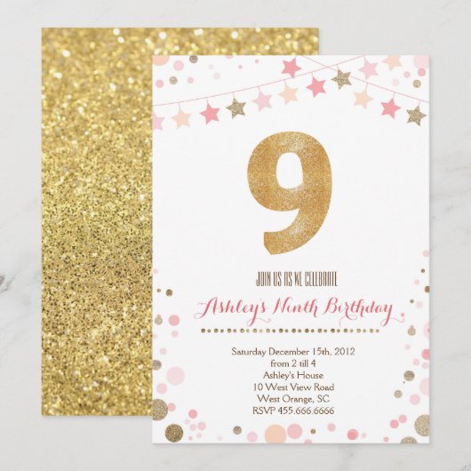 Gold Glitter Ninth Birthday Uitnodiging (Voorkant / Achterkant)
