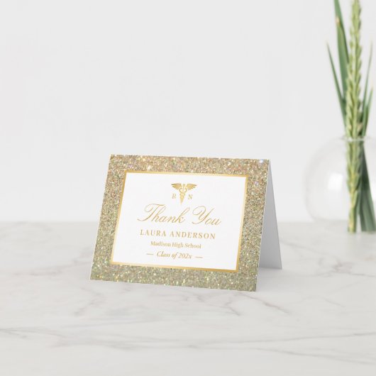 Gold Glitter Nursing School Afstuderen Bedankkaart (Voorkant)