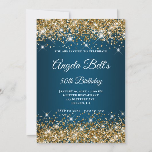 Gold Glitter Ocean Blue Ombre Fancy Monogram Kaart (Voorkant)
