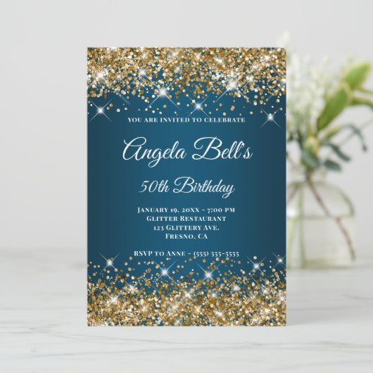 Gold Glitter Ocean Blue Ombre Fancy Monogram Kaart (Staand voorkant)