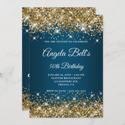 Gold Glitter Ocean Blue Ombre Fancy Monogram Kaart (Voorkant / Achterkant)